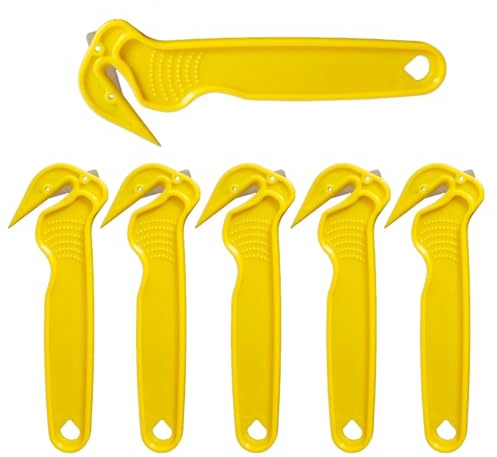 6 Pcs Yellow Box Cutters, Box Opener Tool - Handy Hook Knife Film/Tape/Strapping Knife (No Exposed Blade), Safety Knives & Bladeless Tape Splitter for Cryovac, Bags & Shrink Wrap