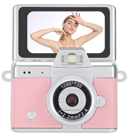 Plyisty Mini Cámara con Llavero, Tamaño de la Palma, Gran Angular, 1,47 Pulgadas, 1080p, Mini Cámara Digital, Pantalla Abatible Retro Recargable, Corporal Pequeña para Viajes y (Pink)