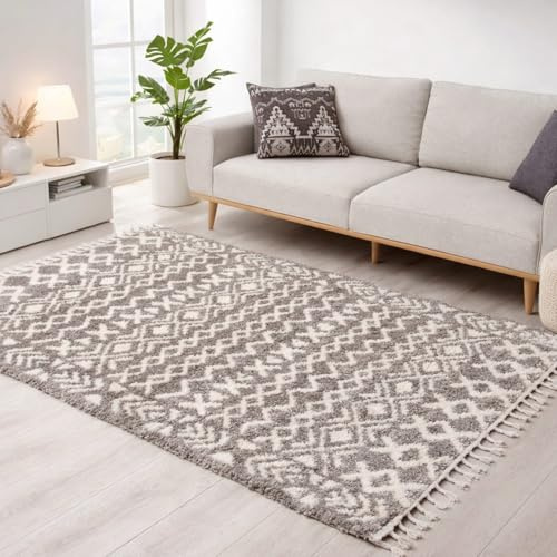 carpet city Hochflor Teppich Shaggy Grau/Taupe 80x400 cm - Ethno-Muster, Fransen & Kettfäden - flauschig weich, kuschliger Schlafzimmer- & Wohnzimmerteppich