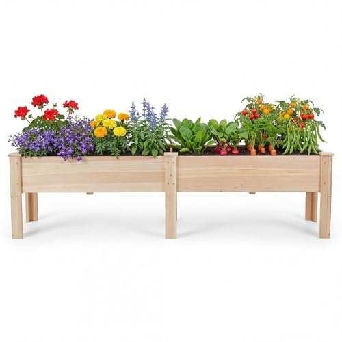 HOMASIS Jardinière Surélevée avec Étagère, Bac à Plantes en Bois de Sapin avec Trou de Drainage, Parterre de Fleurs Surélevé pour Jardin, Balcon, Terrasse (Naturel, 240 x 43,5 x 51,5 cm)