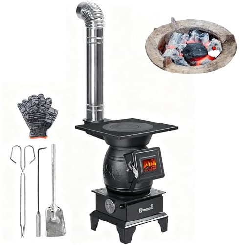 Stufa a legna per interni in ghisa resistente, con finestra di visualizzazione del fuoco, design compatto e portatile per campeggio, pesca e riscaldamento domestico
