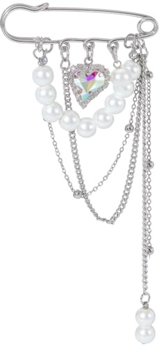 BEAMARKER Broche Largo Colgante con Cadena, Perla Blanca, Borla Plateada, Cadena, Broche con Dije de Corazón de Diamantes de Imitación, Accesorios de Joyería Vintage Sencillos para Suéter, Chal, Cuell