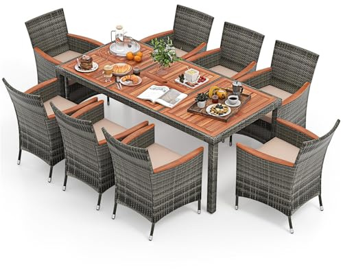 COSTWAY 9 TLG. Rattan Gartenmöbel Set, Sitzgruppe für 8 Personen, Gartentisch mit Tischplatte aus Akazienholz, 8 Stühle & Kissen, Terrassenmöbel Set, Gartengarnitur, Sitzgarnitur, Essgruppe