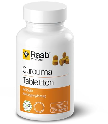 Raab Vitalfood® Bio Curcuma Tabletten (300 Stück) - mit Piperin aus Pfeffer - Curcumin-Gehalt: 3900 mg / 100 g, Piperin-Gehalt: (110 mg / 100 g) - Laborgeprüfte Qualität, vegan & glutenfrei