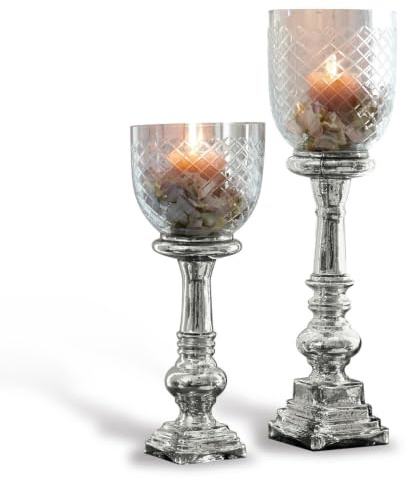 Loberon Windlicht 2er Set Layci, majestätische Wirkung, feiner Rautenschliff, Antik-Finish, Kerzenhalter, für Teelichter oder Stumpenkerzen, Glas, Silber/klar