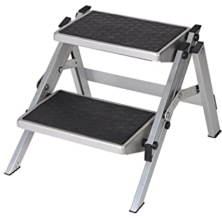 Berger Doppio Gradino Pieghevole in Alluminio - Scaletta Robusta e Leggera - Scala Antiscivolo - Argento/Nero, Fino a 150 kg caricabile