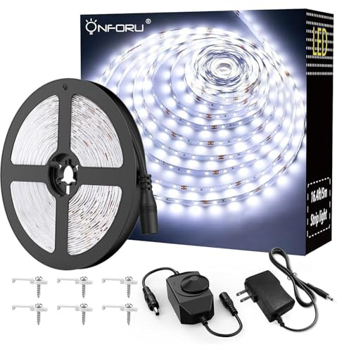 Onforu LED Light Strip,16.4ft Dimmable LED Tape Light, 6000K Daylight White Strip Lighting, 300 LEDs Flexible Vanity Mirror Light, 5M 12V Ribbon Rope Light for Bedroom, Under Cabinet,Kitchen,Christmas