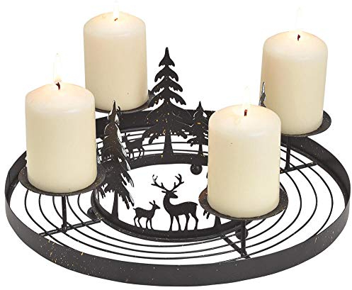 matches21 Metall Adventskranz mit 4 Kerzenhaltern & Wald Hirsche Adventsgesteck zum Ausschmücken - schwarz Ø 30x13 cm