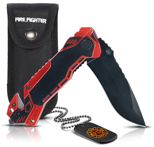 KOSxBO Firefighter Rescue Knife EMS Rettungsmesser mit Glasbrecher und Gurtschneider inkl. Messertasche und Dog Tag, Feuerwehr Messer Outdoor Taschenmesser Klappmesser