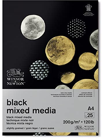 Winsor & Newton - Bloc de papel negro para Mixed Media, A4, 200g, (25 hojas, 100% libre de ácido, calidad de archivo, adecuado para técnicas de pintura húmeda y seca)