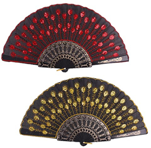 Morices 2 Pcs Sequin Folding Fans, Elegant Embroidered Flower Peacock Pattern Handheld Fan, Decorative Hand Fans for Dancing Wedding Party Favors Gift Wall Hanging Decoration (Red + Yellow)