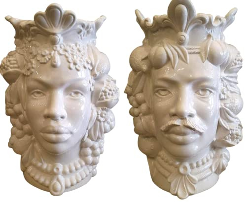TERAKOTA CERAMICHE - Teste di moro in ceramica siciliana bianca modello Africani coppia 38 cm ottimo dettaglio e rilievo con dedica personalizzabile