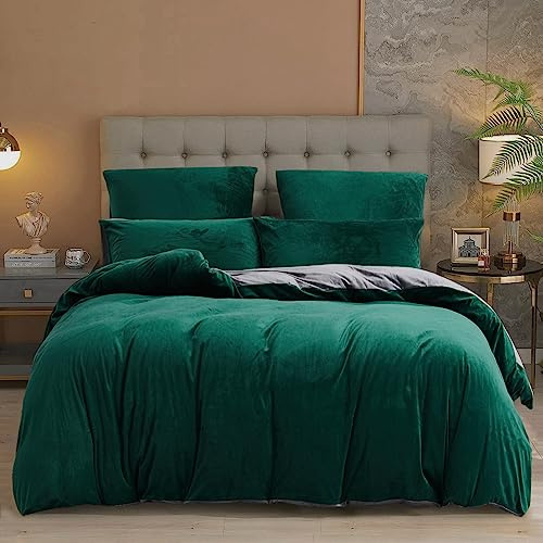 Damier Winter Plüsch Bettwäsche 200x220cm Grün Grau Warme Bettwäsche Set 3 Teilig - 1 Bettbezug Reißverschluss und 2 x Kopfkissenbezug 80 x 80 cm