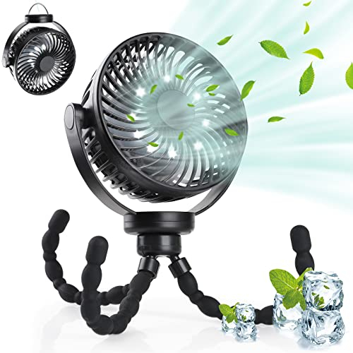 Hianjoo Ventilador para Cochecito con Luz LED, 5200 mAh Ventilador de Escritorio Silencioso para Acampar con Gancho, Rotación de 360° Recargable Portátil Admirador de Refrigeración Potente, Negro