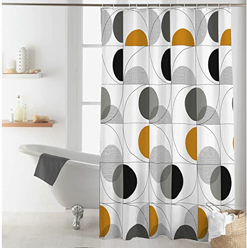 Sanixa U1801852 Duschvorhang Textil 180x200 cm Retro 70er Kreise gelb grau weiß wasserabweisend waschbar Badewannenvorhang Vorhang Dusche hochwertige Qualität mit Ringen Metallösen