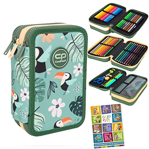 Goldkids Federtasche 3-fache Federmappe Toucans Federmäppchen 46-teilig gefüllte Schüleretui Stifte und Pinsel inkl. Aufgabenheft Federbox Etui Stiftetasche Schlamper-Etui Schul-Etui