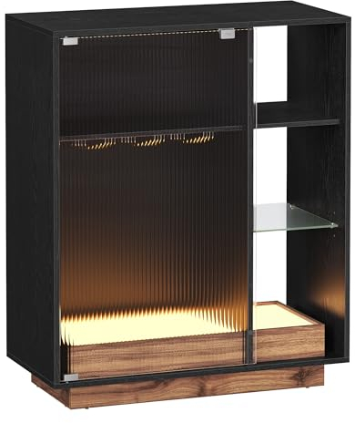 VASAGLE Weinschrank mit Beleuchtung, Sideboard mit LED, Küchenschrank für Weinflaschen, Barschrank mit Weinglashalter, geriffelte Glastür, für Wohnzimmer, ebenholzschwarz BBK361B21