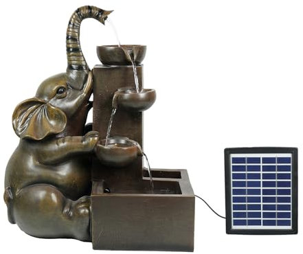 Ferrisland Fontana ad energia solare da giardino con elefante, 50,8 cm, fontana a energia solare con pannello solare e pompa, fontana da giardino in resina a 4 livelli per esterni, per giardino