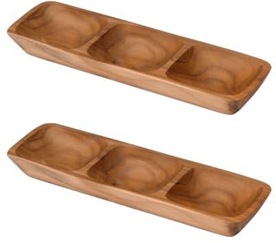 Meubletmoi Lot de 2 plateaux de présentation L. 29 cm 3 compartiments pour apéro en bois de teck – fabrication artisanale - DAMIANO