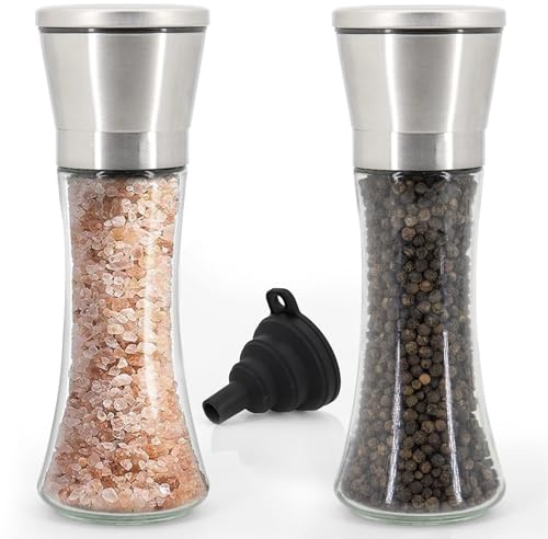 CHEF'S FAVORITE Salt and Pepper Grinder Set of 2 - Manual Grinders with Adjustable Grinding - Refillable Salt and Pepper Mill Set - Stainless Steel & Glass Mills - Includes Funnel for Easy Filling