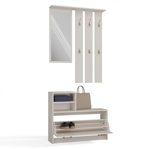 CDF Mobile Ingresso Set Guardaroba con Specchio Appendiabiti 6 Ganci Scarpiera Portascarpe 9 Paia Salvaspazio 85 x 24 x 180 cm Cashmere Beige Arredo Entrata Parete Casa Moderno Slim Attaccapanni Muro