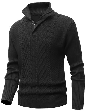 MeiLayM Maglione Uomo Invernale Collo Alto con Zip - Maglia a Costine Casual, Giacca in Pile a Maniche Lunghe, Tenere Caldo - Nero, L