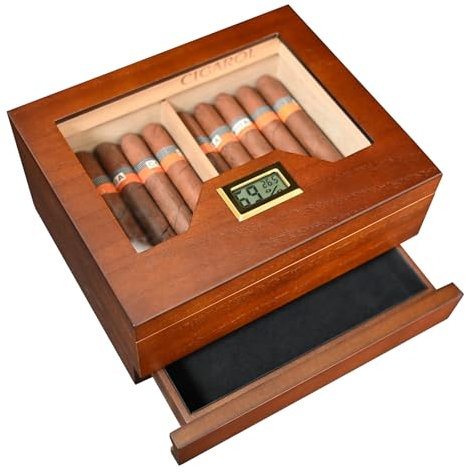 Volenx Cigar Humidor, Spanish Cedar Wood Humidor Cigar Box with Digital Hygrometer, Humidifier and Divider, Handmade Cigar Box Accessories Drawer for 25-30 Cuban Cigars, Gift for Cigar Lovers (Brown)