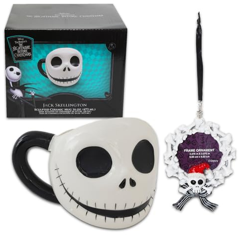 Juego de taza de cerámica con adornos de Pesadilla antes de Navidad, paquete con taza de coleccionista de cerámica Jack Skellington más adorno de Pesadilla antes de Navidad | Regalos de Pesadilla