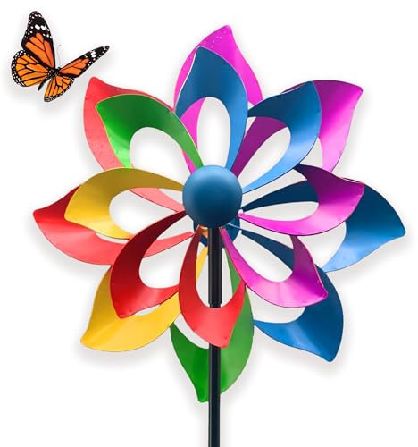 matches21 HOME & HOBBY Großes Windrad Metall 158 cm, wetterfeste Frühlings Garten-deko Flügelform - Bunte Windmühle