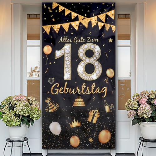 Geburtstagsbanner 18 Jahre, 18. Geburtstag Hintergrund 185 × 90 cm, Schwarz Gold Banner Deko Lange, Alles Gute zum 18 Geburtstag Deko, Tür Banner für Mann Frau 18.Geburtstagsfeier