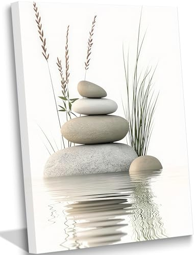 KBIERQN Zen Stone Canvas Wall Art Stacked Stones in Water Poster Print Tranquil Wild Grass Painting Picture for Spa Yoga Meditation Room Bathroom Wall Decor 12x16in Framed Ready to Hang