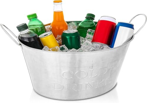 ADEPTNA Galvanised Steel Beverage Tub with Carry Handles Large Oval Vintage Party Drinks Cooler Ice Bucket Weather & Rust Resistant Metal Beer Bucket for BBQ, Garden Parties, Picnics, Home & Events