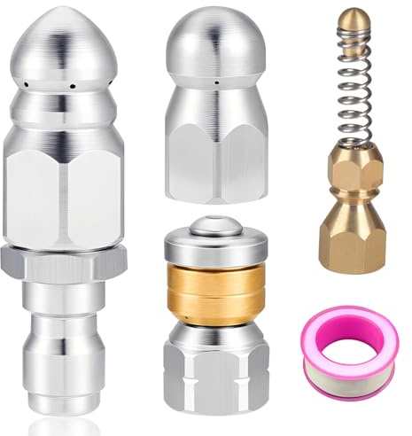4 Stück Rohrreinigungsdüse Set für 1/4 Zoll Hochdruckreiniger Schlauch | Edelstahl Abwasserstrahldüse, Kanalreinigungsdüsen Ersatzset mit Rotierendedüse Spiraldüse Starre Düse und Knopfnase