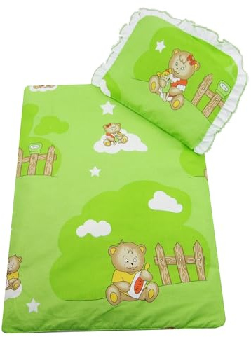 Rawstyle 4 TLG. Set Bezug für Kinderwagen 70x50 cm **12 EULEN-Motive** Garnitur Bettwäsche Decke + Kissen + Füllung (grün Bär Zaun)