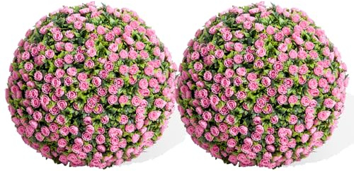 Buchsbaumkugel 2er-Set, 55cm Dekokugel mit Blumen, UV-beständig Kunstpflanze Dekopflanze mit Kette, Künstliche Pflanze Kugelpflanze für Hochzeit, Buchsbaum Kugel Formschnittball für Haus Balkon - Rosa