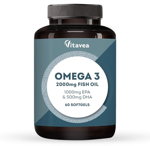 Omega 3 Fish Oil 2000mg – 1000mg EPA & 500mg DHA – 1600mg Omega-3 Fatty Acids – Supports Heart, Brain & Vision – 60 Easy-to-Swallow Softgels – Up to 2-Month Supply – Vitavea