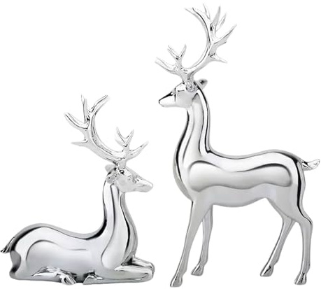 Rentier Deko Weihnachten, Weihnachtsschmuck Rentier Skulpturen Tier Figur Statuen Paar Hirsch, Silber Desktop Ornament Dekoration Weihnachtsdekoration für Wohnzimmer Schlafzimmer Weihnachte,Harz