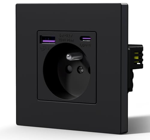 BSEED Prise Electrique avec USB et Type C, 20W Charge rapide, Prise Murale avec Panneau En Plastique, Alternatif Norme Française 16 Amp 240V 86mm Noir