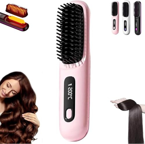 Brosse Lissante Sans Fil, Peigne Chauffant Pour Cheveux Courts, Brosse Lissante Portable, Brosse Chauffante Usb Rechargeable,2 En 1 Pour Lisser Et Boucler,Avec éCran Led,3 RéGlages De TempéRature (B)