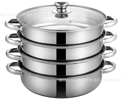 Pentola a Vapore 5 Livelli in Acciaio Inox, Vaporiera Professionale con Coperchio in Vetro e Fondo Induzione Per Ravioli, Verdure e Pesce, Set Pentole Impilabili per Cucina Sana(Four layers,30cm)