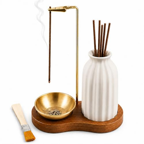 2-in-1 Incense Holder for Sticks, Vintage Ceramic Upside Down Incense Burner with Removable Copper Ash Catcher & Solid Wood Base, Anti-Ash Flying Design for Meditation, Yoga, Spa & Home Decor - Brown