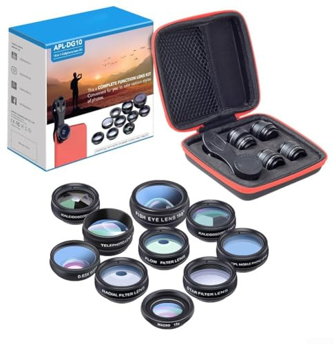 Ensemble d'objectifs 10 en 1 pour téléphone portable avec objectif fisheye 198° grand angle téléobjectif filtre CPL pour iPhone pour tablette Samsung Noir