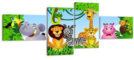wandmotiv24 Leinwandbild Animal Group LW404 Wandbild, Bild auf Leinwand, 4 Teile, 100x45cm, Kunstdruck Canvas, XXL Bilder, Keilrahmenbild, fertig aufgespannt, Bild, Holzrahmen, Urwald, Tiere, Kinder,