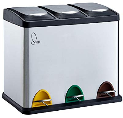 SVITA TC3X8 Küchen-Eimer 24 Liter 3X 8L Edelstahl dreifach Abfalleimer 3er-Mülleimer Mülltrennung Treteimer mit Deckel aus Edelstahl Silber mit Pedalen und herausnehmbaren Eimern