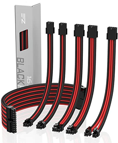 EZDIY-FAB Sleeved Cable Verlängerungskabel für Stromversorgung mit extra großer Hülse, 24-polig, 8-polig, 6-polig, 4+4-polig, mit Combs-Black and Red