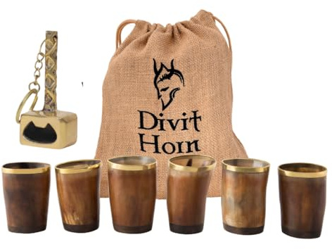 Divit Horn Jarra de cuerno auténtica de estilo vikingo de | Jarra de cerveza medieval auténtica | Bolsa de regalo de arpillera incluida | Capacidad de 150 ml (Brown Shot Glass, Polished Set of 6)