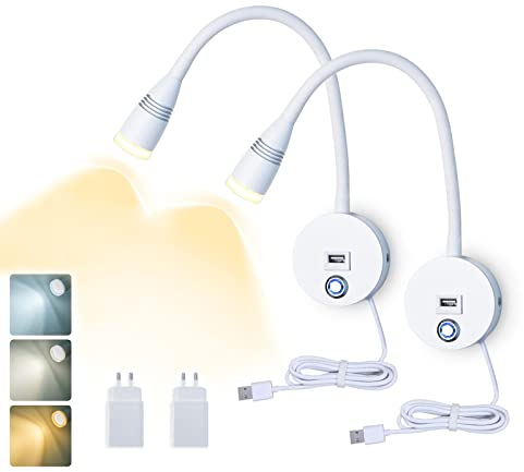VOMI Lampe de Lecture Murale LED Touch Dimmable Applique Murale avec Interrupteur et Port de Charge USB, 2 Pcs Lampe Murale Flexible avec Câbles et Fiches 3 Températures de Couleur Réglable