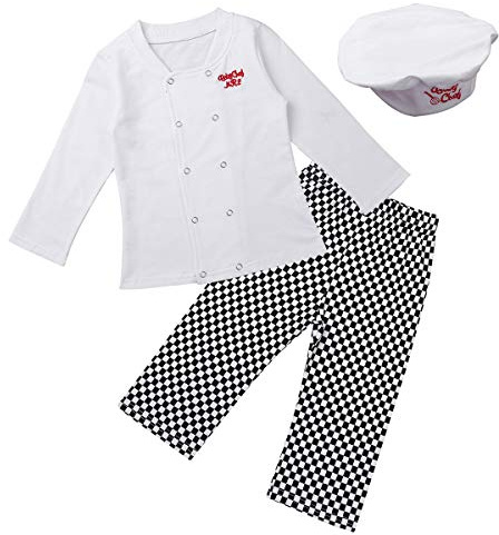 CHICTRY Costume da Cuoco per Neonato Bimbo Uniforme Chef 3 PCS Camicia Bianca/Pantaloni/Cappello Set Cotone Travestimento per Party Carnevale Halloween Giochi di Ruolo Bianco 18-24 Mesi