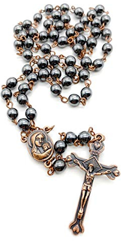 Nazareth Store Rosario de hematita con cuentas de piedra negra, collar de rosario católico con tierra sagrada de Jerusalén y cruz, colección de rosarios religiosos antiguos, 18, Piedra, Sin piedra