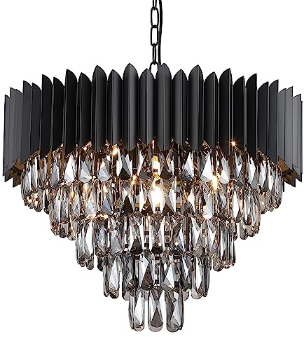 A AXILIXI Black Crystal Chandeliers,Contemporary 24'' Modern Ceiling Lights Fixtures Flush Mount Pendant Light 12 Lights 5-Tiers K9 Large Hanging Lamp for Entryway Dinning Room Living Room Bedroom